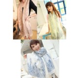 韓款新品巴厘紗絲巾超長兩用披肩-青花瓷