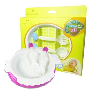 玉米田無毒環保餐具_親吻魚盤防滑底座大象造型叉匙組