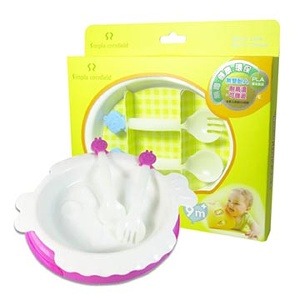 玉米田無毒環保餐具_親吻魚盤防滑底座小兔造型叉匙組