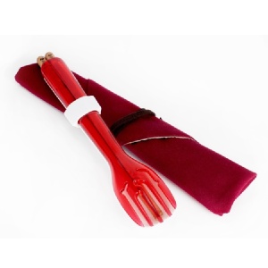 3合1環保餐具組-莓果紅叉/陶瓷湯匙