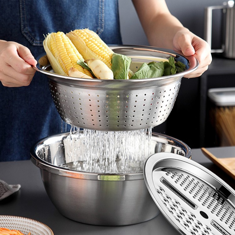 【Conalife】304加厚加大款不銹鋼多功能刨絲瀝水盆三件套組