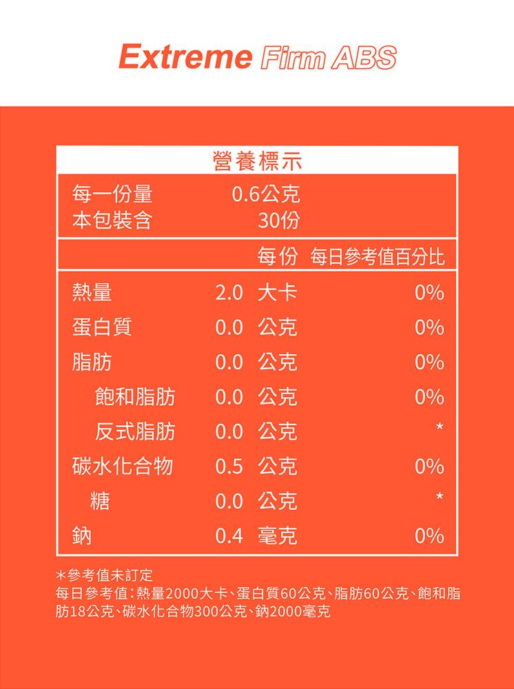 每一份量，本包裝含，蛋白質，營養標示，0.6公克，30份，每份 每日參考值百分比，0.0 公克，0.0 公克，0.0 公克，0.0 公克，0.5 公克，0.4 毫克，飽和脂肪，反式脂肪，碳水化合物，參考值未訂定，每日參考值:熱量2000大卡、蛋白質6