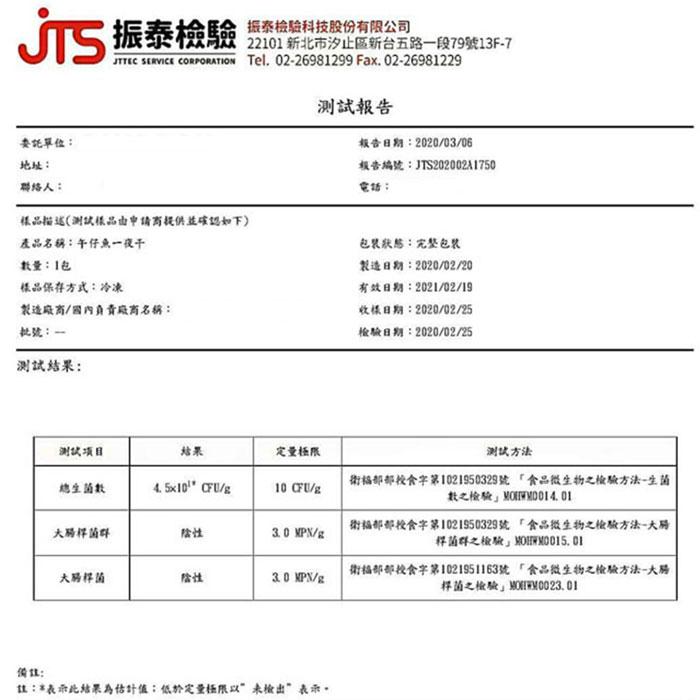 委託單位:地址:聯絡人:樣品描述(測試樣品由申請商提供並確認如下),產品名稱:午仔魚一夜干,數量:1包,樣品保存方式:冷凍,製造廠商/國內負責廠商名稱:批號:一,測試結果:測試項目,總生菌數,大腸桿菌群,大腸桿菌,4. 5×10 CFU/g,振泰檢驗