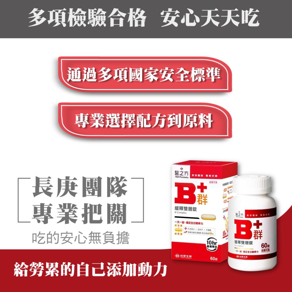 多項檢驗合格 安心天天吃，通過多項國家安全標準，專業選擇配方到原料，長庚團隊，專業把關，吃的安心無負擔，給勞累的自己添加動力，醫之方，緩釋雙層錠，一天一龊·備足全日競爭力，緩釋雙層錠，一天一間一個兒全日競爭力。