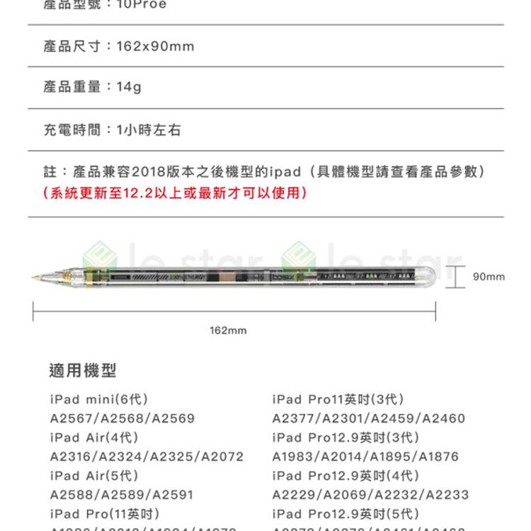 lestar 電量顯示磁吸主動式平板觸控手寫筆 ipad pencil 專用電容筆-透明款-型號10