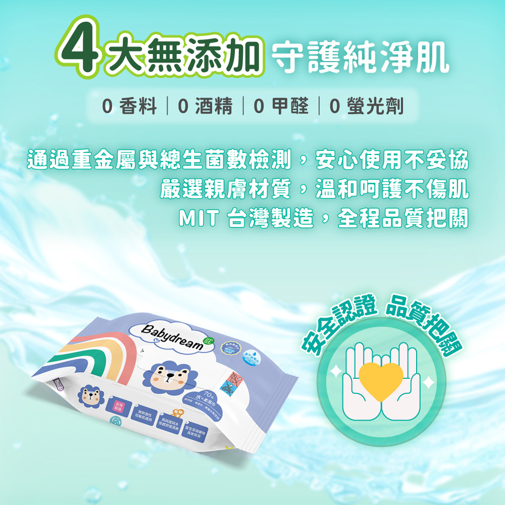 4大無添加宁廢純淨肌，0香料0酒精0甲醛0螢光劑，通過重金屬與總生菌數檢測,安心使用不妥協，嚴選親膚材質,溫和呵護不傷肌，MIT 台灣製造,全程品質把關，低敏肌適用，高純度純水，倍感舒適清肉，水柔濕巾，富含深海动物，安全認證，品質把關。