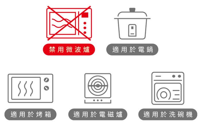 禁用微波爐，適用於烤箱，適用於電鍋，適用於電磁爐，適用於洗碗機。