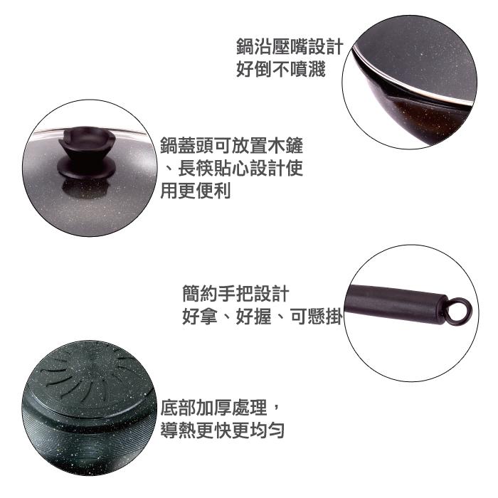鍋沿壓嘴設計，好倒不噴濺，鍋蓋頭可放置木鏟，長筷貼心設計使，用更便利，簡約手把設計，好拿、好握、可懸掛，底部加厚處理,導熱更快更均匀。