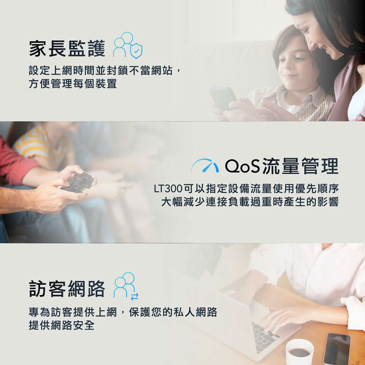 家長監護 880,設定上網時間並封鎖不當網站,方便管理每個裝置,7 QoS流量管理,LT300可以指定設備流量使用優先順序,大幅減少連接負載過重時產生的影響,訪客網路,專為訪客提供上網,保護您的私人網路,提供網路安全。