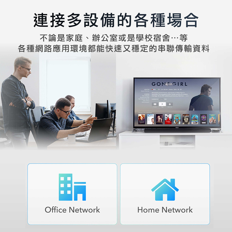 連接多設備的各種場合,不論是家庭、辦公室或是學校宿舍…等,各種網路應用環境都能快速又穩定的串聯傳輸資料。