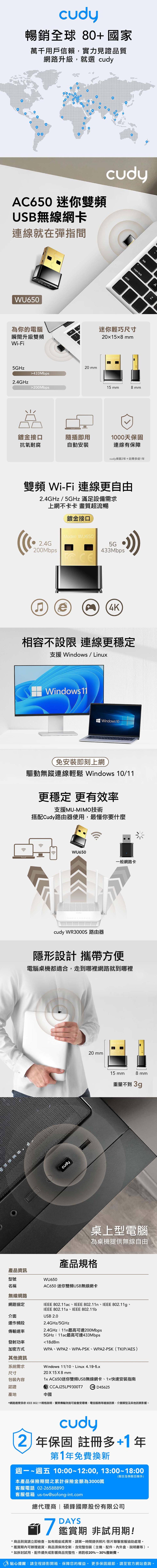 暢銷全球 80+國家，萬千用戶信賴,實力見證品質，網路升級,就選 cudy，AC650 迷你雙頻，USB無線網卡，連線就在彈指間，為你的電腦，瞬間升級雙頻，迷你輕巧尺寸，鍍金接口，隨插即用，1000天保固，抗氧耐腐，自動安裝，連線有保障，cudy保固