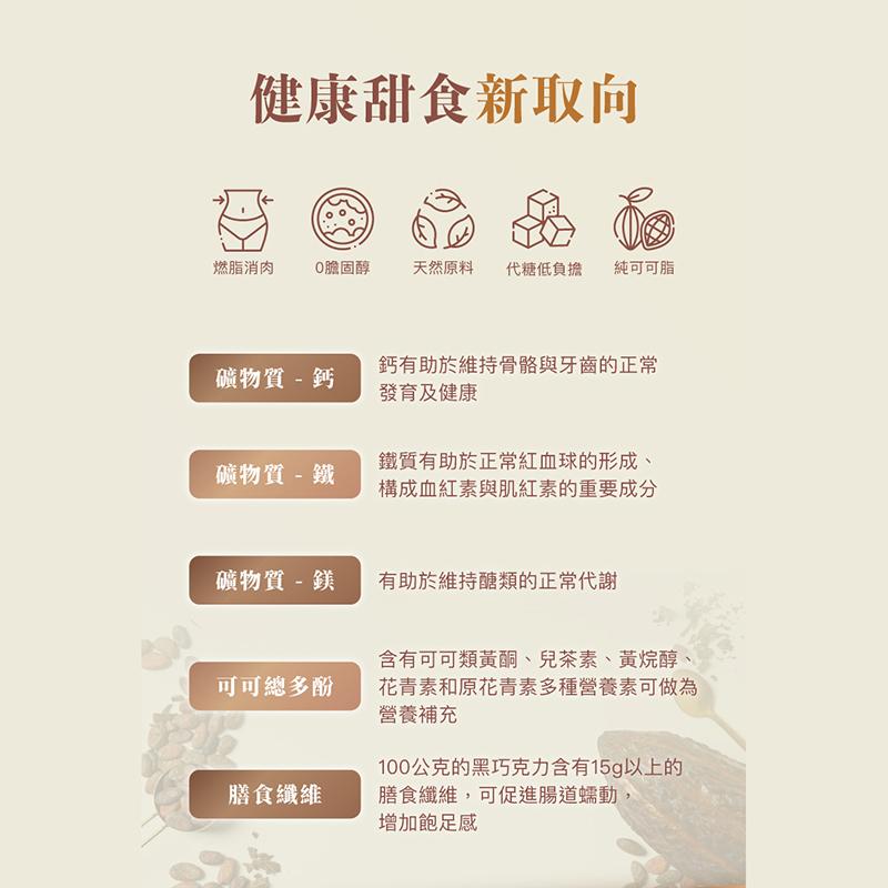 健康甜食新取向，燃脂消肉，0膽固醇，天然原料 代糖低負擔 純可可脂，礦物質- 鈣，鈣有助於維持骨骼與牙齒的正常，發育及健康，礦物質- 鐵，鐵質有助於正常紅血球的形成、構成血紅素與肌紅素的重要成分，礦物質 - 鎂，有助於維持醣類的正常代謝，可可總多酚，