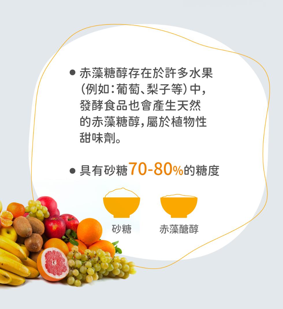 赤藻糖醇存在於許多水果，(例如:葡萄、梨子等)中,發酵食品也會產生天然，的赤藻糖醇,屬於植物性，甜味劑。具有砂糖70-80%的糖度，赤藻醣醇。