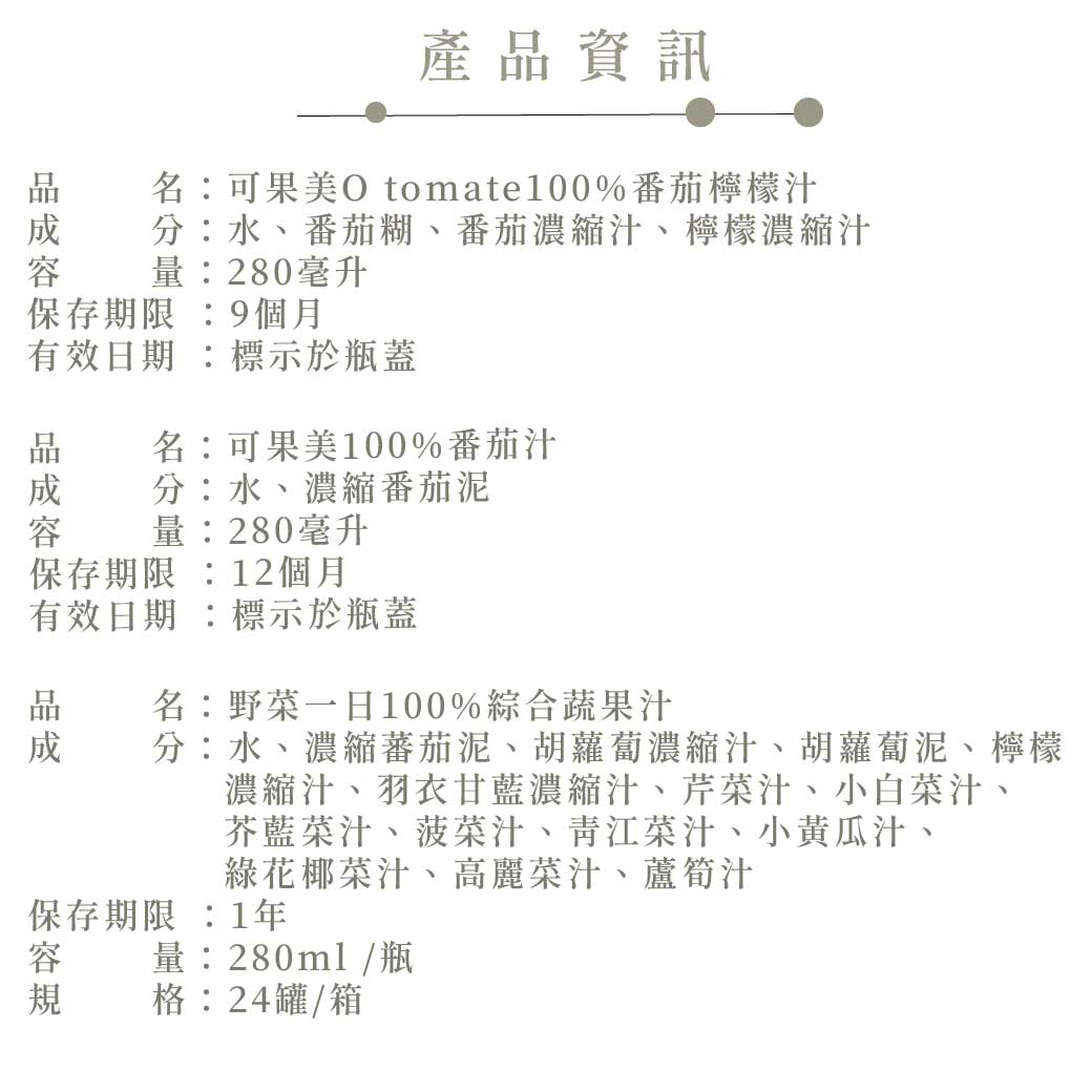 品成容!產品資訊，名:可果美O tomate100%番茄檸檬汁，分:水、番茄糊、番茄濃縮汁、檸檬濃縮汁，量:280毫升，保存期限:9個月，有效日期:標示於瓶蓋，品成容，名:可果美100%番茄汁，分:水、濃縮番茄泥，量:280毫升，保存期限:12個月，