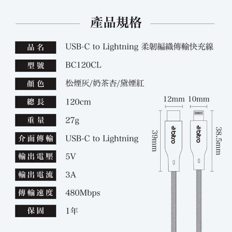 【bitro】BC120CL C to Lightning MFi編織充電線 1.2M 台灣製造
