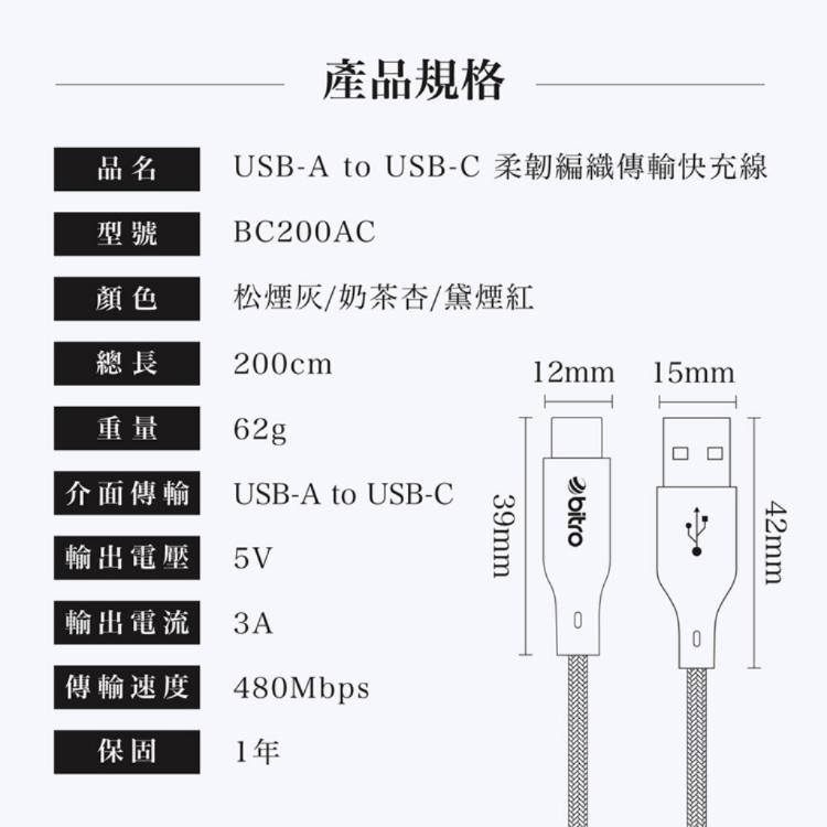 【bitro】BC200AC USB-A to Type-C 編織充電線 2M 台灣製造