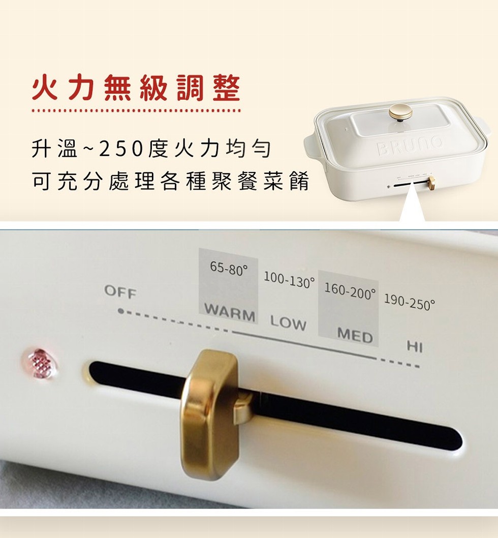 火力無級調整，升溫~250度火力均勻，可充分處理各種聚餐菜餚，65-80°，100-130° 160-200° 190-250°。