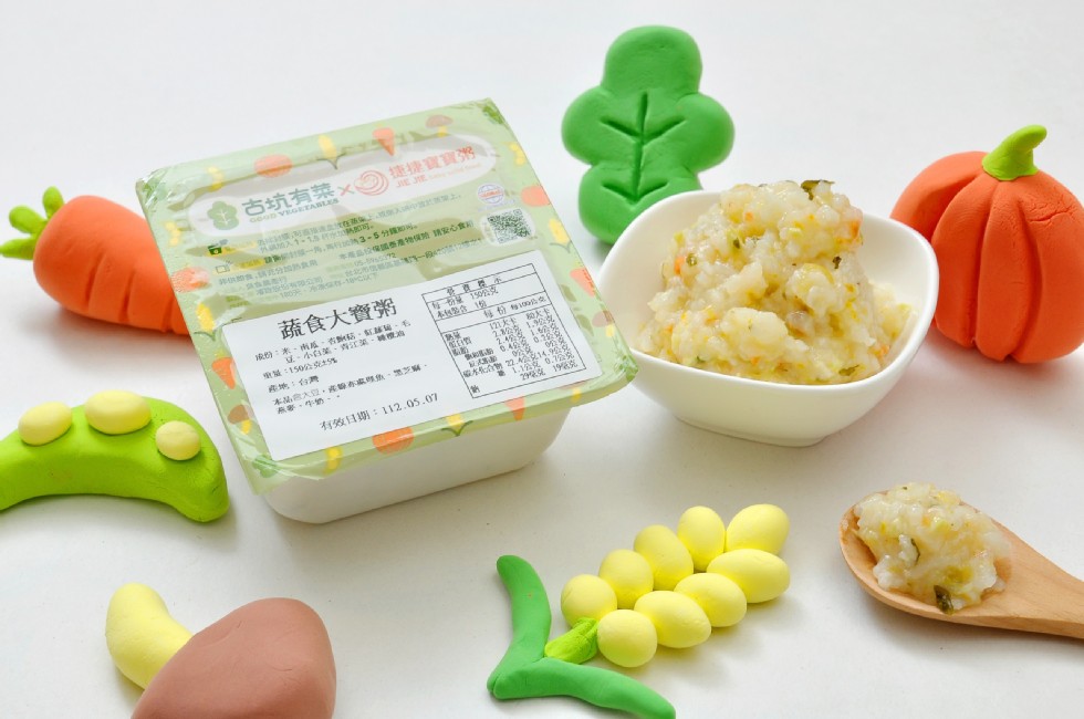 古坑有菜x 捷捷寶寶粥,郭炳顾典花分加熱食用 本產品投保國整產物保險 請安心食,蔬食大寶粥,波粉:米、南板、有無、紅蘿瑞·毛,小白菜、青江菜、香酒,產地:台灣,本品名大口,或紐方或頭魚、芝麻、有效日期:112.05.07,紐sim公克,120大卡0大