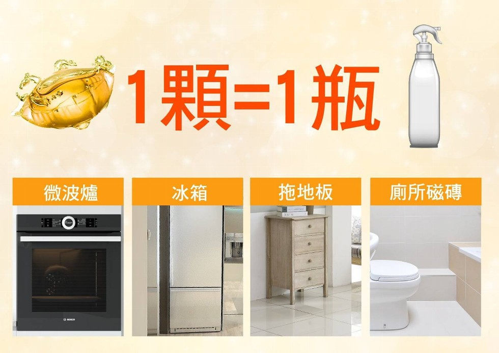 微波爐，1顆=1瓶，拖地板，廁所磁磚。