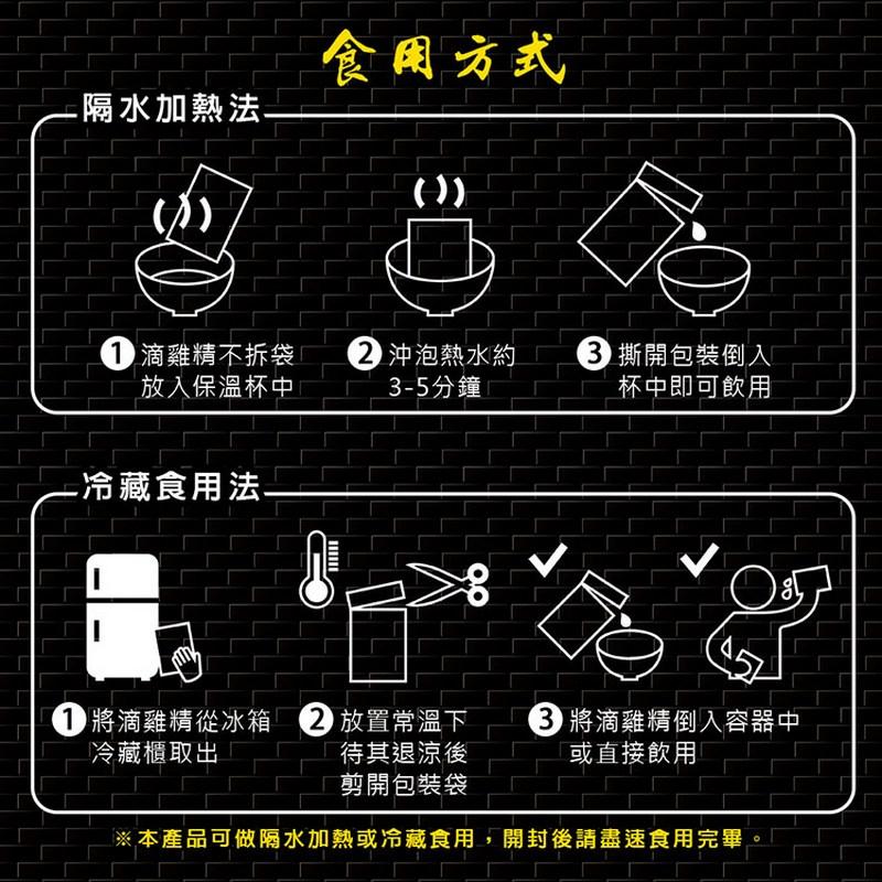 食网方式，隔水加熱法.1)滴雞精不拆袋!放入保溫杯中，2沖泡熱水約，3-5分鐘，3撕開包裝倒入，杯中即可飲用，冷藏食用法-①將滴雞精從冰箱，冷藏櫃取出，2放置常溫下，待其退涼後，剪開包裝袋，③將滴雞精倒入容器中，或直接飲用，※本產品可做隔水加熱或冷藏