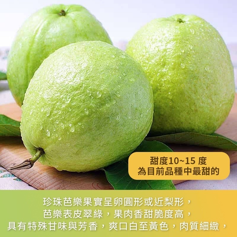 甜度10~15 度，為目前品種中最甜的，珍珠芭樂果實呈卵圓形或近梨形,芭樂表皮翠綠,果肉香甜脆度高,具有特殊甘味與芳香,爽口白至黃色,肉質細緻。