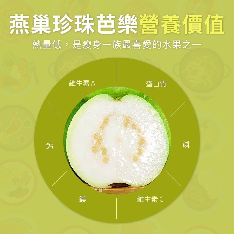 燕巢珍珠芭樂營養價值,熱量低,是瘦身一族最喜愛的水果之一,維生素A,蛋白質,維生素C。