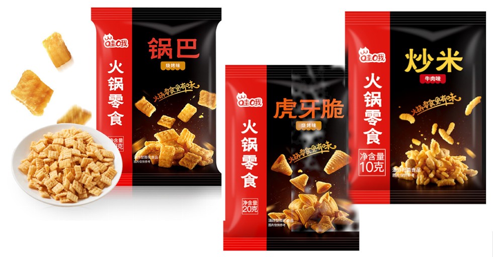a 锅巴,Q主O我,牛肉味,虎牙脆, 烧烤味,争食2味。净含量,10克,新型會品,所 考,净含量,20克,1火锅零食關,火锅零食 疆,火锅零食。