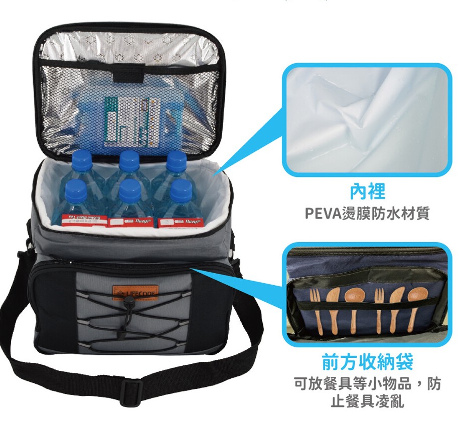 PEVA燙膜防水材質，前方收納袋，可放餐具等小物品,防，止餐具凌亂。