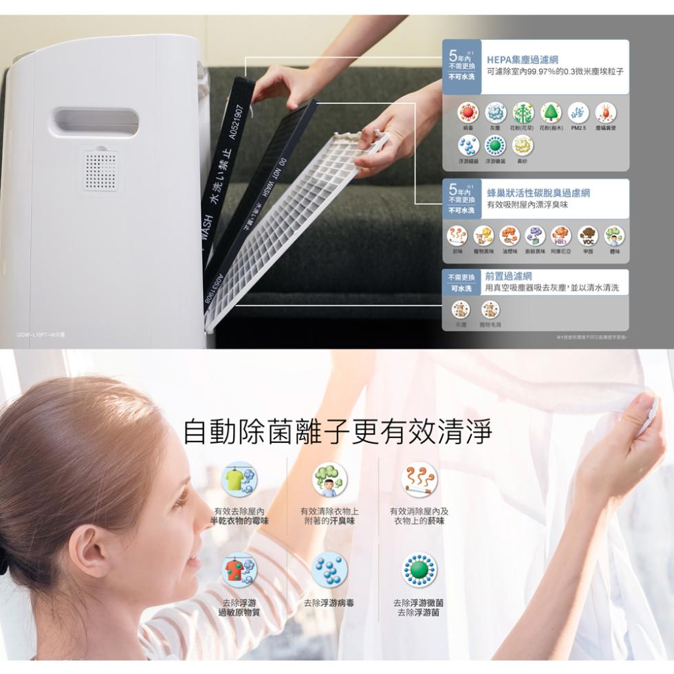 WASH 水洗 禁止 A0521907，有效去除屋內，半乾衣物的霉味，去除浮游，過敏原物質，有效清除衣物上，附著的汗臭味，去除浮游病毒，不需更換，不可水洗，去除浮游黴菌，去除浮游菌，浮游细菌，5年内，不需更換，不可水洗，HEPA集塵過濾網，可減除室內