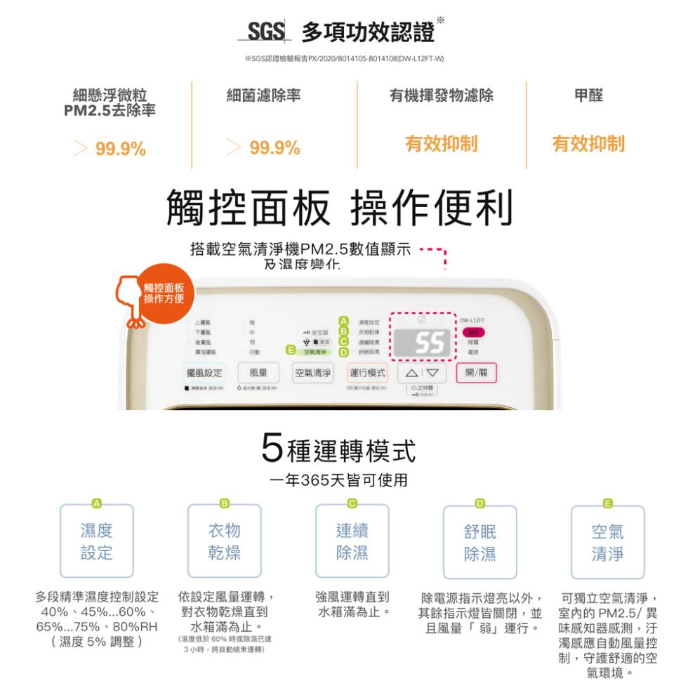 細懸浮微粒，PM2.5去除率，觸控面板，操作方便，多段精準濕度控制設定，65%...75%、80%RH，(濕度5%調整)，不限車，德國店，擺風設定，SGS 多項功效認證，※SGS認證檢驗報告PX/2020/B014105-B014108(DW-L12