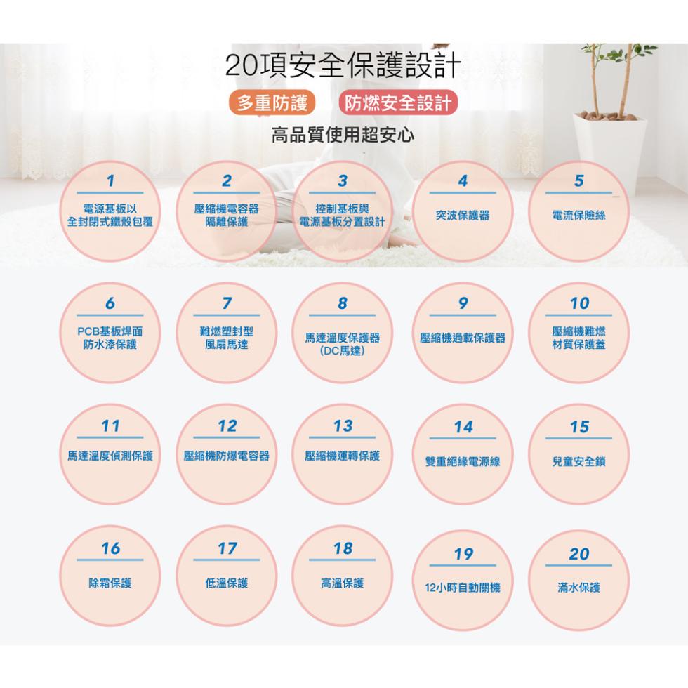 電源基板以，全封閉式鐵殼包覆，PCB基板焊面，防水漆保護，馬達溫度偵測保護，除霜保護，20項安全保護設計，多重防護 防燃安全設計，高品質使用超安心，壓縮機電容器，隔離保護，難燃塑封型，風扇馬達，壓縮機防爆電容器，低溫保護，控制基板與，電源基板分置設計