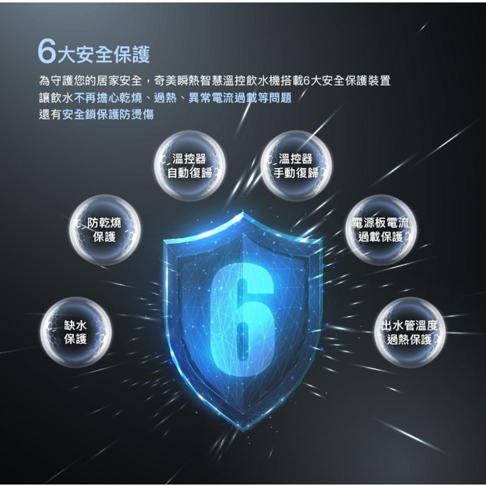 6大安全保護，為守護您的居家安全,奇美瞬熱智慧溫控飲水機搭載6大安全保護裝置，讓飲水不再擔心乾燒、過熱、異常電流過載等問題，還有安全鎖保護防燙傷，防乾燒，溫控器，自動復歸，溫控器，手動復歸。電源板電流，過載保護，出水管溫度，過熱保護。