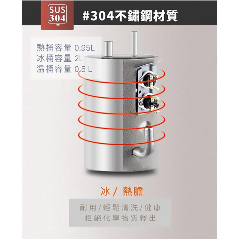 #304不鏽鋼材質，熱桶容量 0.95L，冰桶容量 2L，温桶容量 0.5 L，冰/熱膽，耐用 / 輕鬆清洗 / 健康，拒絕化學物質釋出。