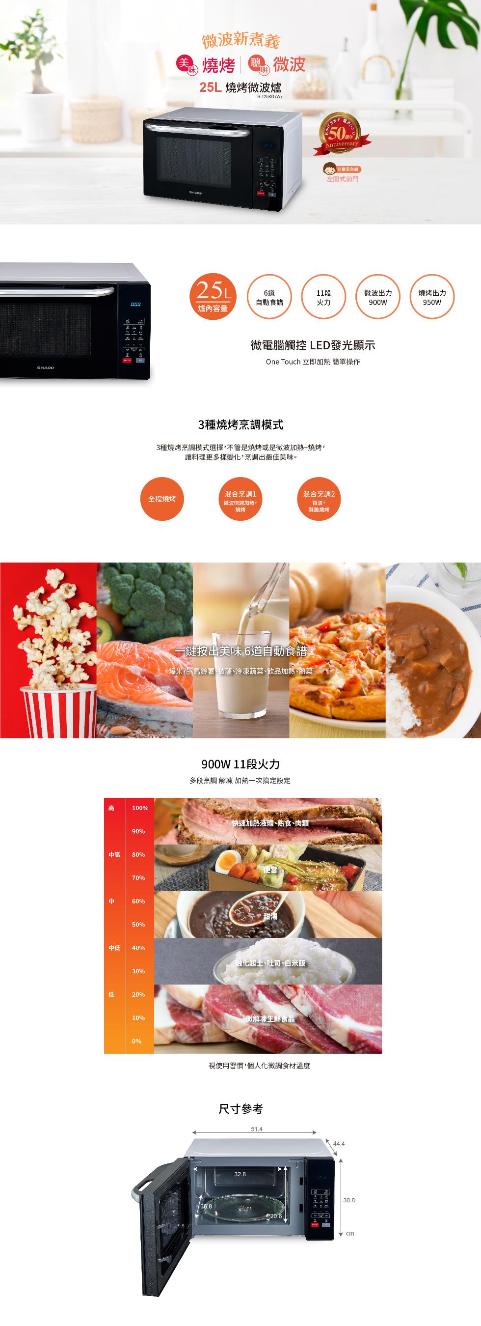 微波新煮義，25L 燒烤微波爐，電子レン，flf.兒童安全鎖，左開式前門，11段，自動食譜，微波出力，燒烤出力，爐內容量，微電腦觸控LED發光顯示，One Touch 立即加熱 簡單操作，3種燒烤烹調模式，3種燒烤烹調模式選擇,不管是燒烤或是微波加熱