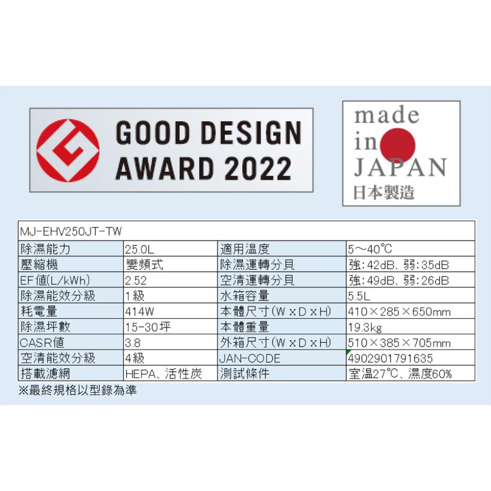 日本製造，除濕能力，壓縮機，EF值(L/kWh)，除濕能效分級，耗電量，變頻式，適用温度， 除濕運轉分貝， 空清運轉分貝，除濕坪數， 15-30坪，CASR值， 空清能效分級，搭載濾網， HEPA、活性炭，※最終規格以型錄為準，水箱容量，本體尺寸(W