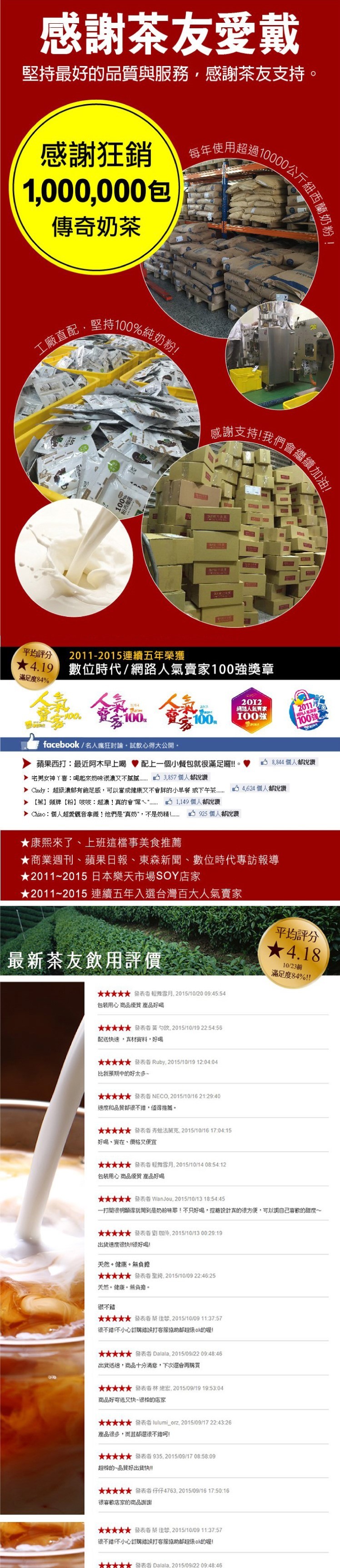  堅持100%純奶粉!每年使用超過10000公斤紐西蘭，感謝支持!我們會繼續加油!感謝茶友愛戴，堅持最好的品質與服務,感謝茶友支持。感謝狂銷，1,000,000包，傳奇奶茶，工廠直配,平均評分，滿足度84%，2011-2015連續五年榮獲，數位時代/