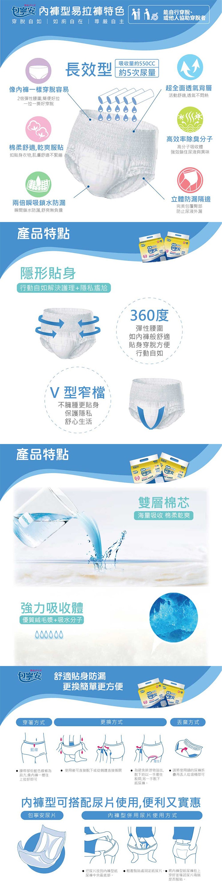 包寧安 內褲型易拉褲特色 is，穿脫自如如廁自在尊嚴自主，像內褲一樣穿脫容易，2倍彈性腰圍,簡便好拉，一拉一撕好穿脫，棉柔舒適,乾爽服貼，如貼身衣物,肌膚舒適不緊繃，兩倍瞬吸鎖水防漏，瞬間鎖水防漏,舒爽無負擔，產品特點，隱形貼身，行動自如解決護理+隱