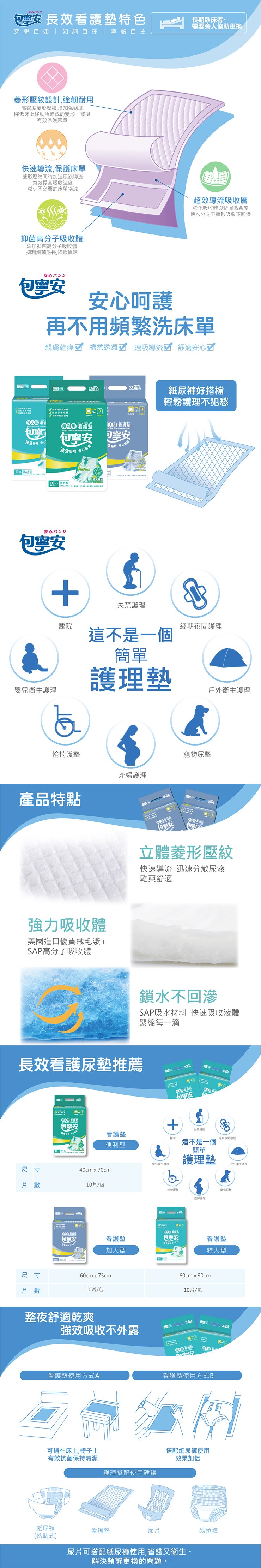 安心パンジ，包包按長效看護墊特色，穿脫自如 如廁自在 尊嚴自主，菱形壓紋設計,強韌耐用，高密度菱形壓紋,增加強韌度，降低床上移動所造成的變形、破損，有效保護床單，快速導流,保護床單，菱形壓紋同時加速尿液導流，有效提高吸收速度，減少不必要的床單換洗，抑