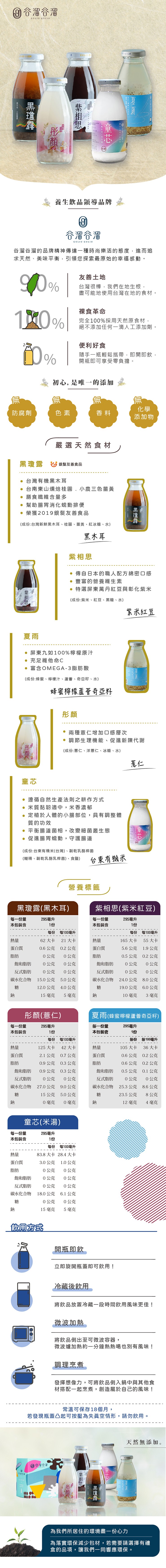 谷溜溜,黑瓊露,童芯,養生飲品領導品牌,谷溜谷溜,谷溜谷溜的品牌精神傳達一種時尚樂活的態度,進而追,求天然、美味平衡,引領您探索最原始的幸福感動。友善土地,台灣很棒,我們在地生根,盡可能地使用台灣在地的食材。裸食革命,完全100%採用天然原食材,絕不
