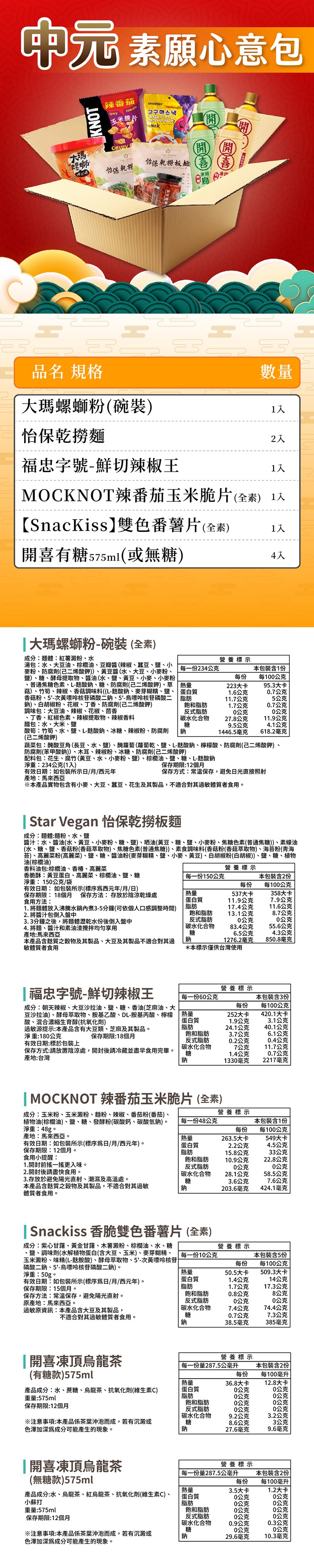 中元素願心意包，辣番茄，玉米脆片，고구마스낵，怡保乾，怡保乾撈板麵，開喜)，品名 規格，大瑪螺螄粉(碗裝)，怡保乾撈麵，福忠字號-鮮切辣椒王，MOCKNOT辣番茄玉米脆片(全素) 1入，【SnacKiss】雙色番薯片(全素)，開喜有糖575ml(或無