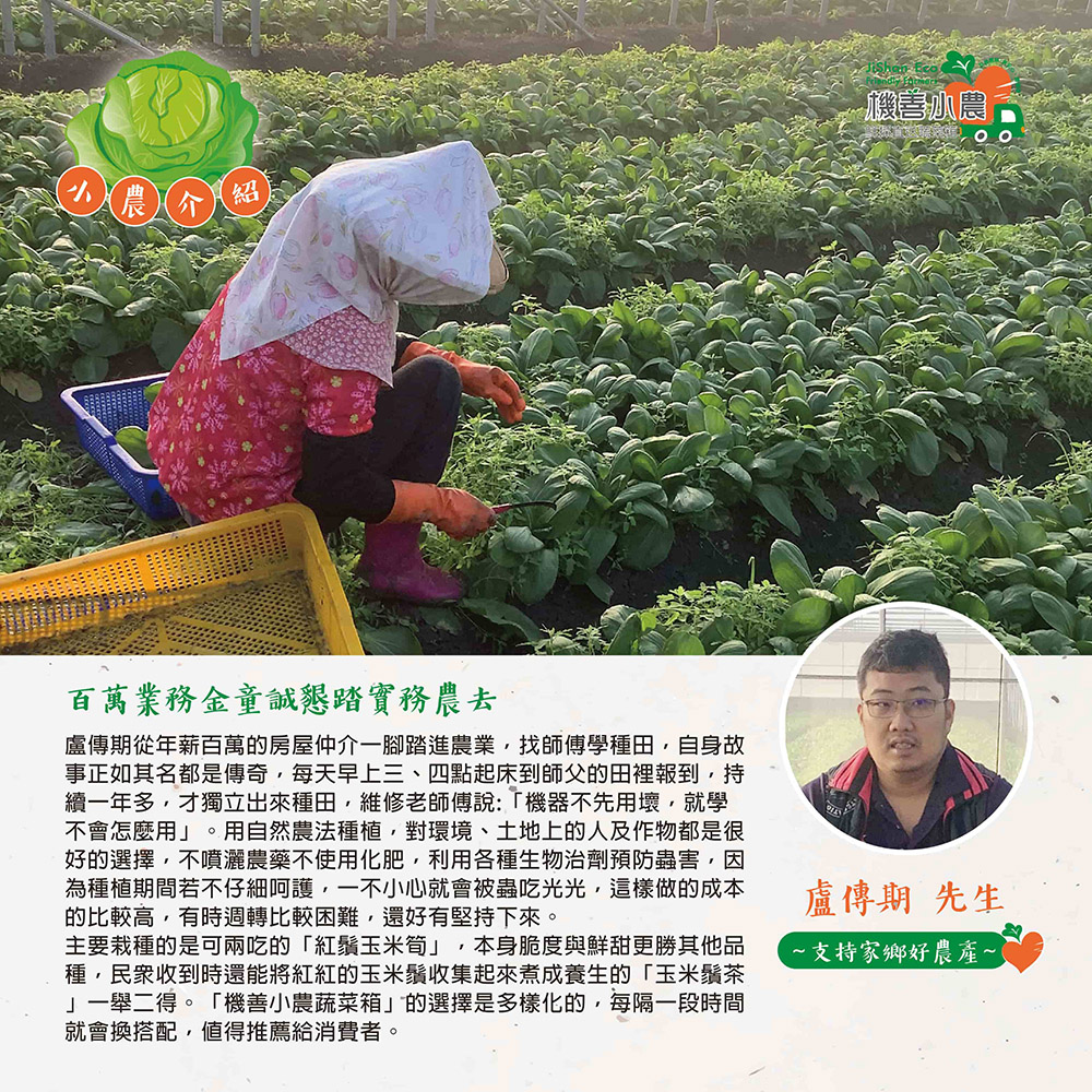 热農介,百萬業務金童誠懇踏實務農去,盧傳期從年薪百萬的房屋仲介一腳踏進農業,找師傅學種田,自身故,事正如其名都是傳奇,每天早上三、四點起床到師父的田裡報到,持,續一年多,才獨立出來種田,維修老師傅說:機器不先用壞,就學,不會怎麼用。用自然農法種植,對