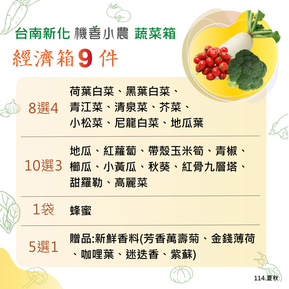 台南新化 機善小農 蔬菜箱，經濟箱9件，荷葉白菜、黑葉白菜、8選4 青江菜、清泉菜、芥菜、小松菜、尼龍白菜、地瓜葉，地瓜、紅蘿蔔、帶殼玉米筍、青椒、10選3 櫛瓜、小黃瓜、秋葵、紅骨九層塔、甜羅勒、高麗菜，1袋 蜂蜜，贈品:新鮮香料(芳香萬壽菊、金錢