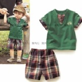 121504帥氣腳踏車V領假2件上衣+格紋褲套組