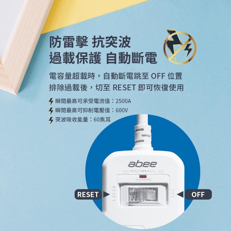 Abee 快譯通 1.8M 電源延長線 5開4座+USB+Type-C PD 30W(EC-5463