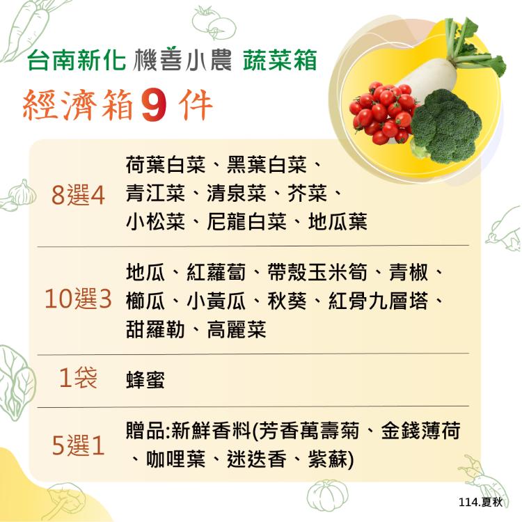 【機善小農_蔬菜箱】台南市新化青農_經濟箱9件(每週出箱/有機友善/產地鮮採直送/支持家鄉好農產)