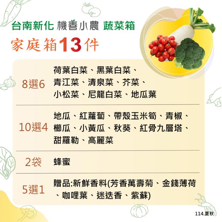 【機善小農_蔬菜箱】台南市新化青農_家庭箱13件(每週出箱(有機友善/產地鮮採直送/支持家鄉好農產)