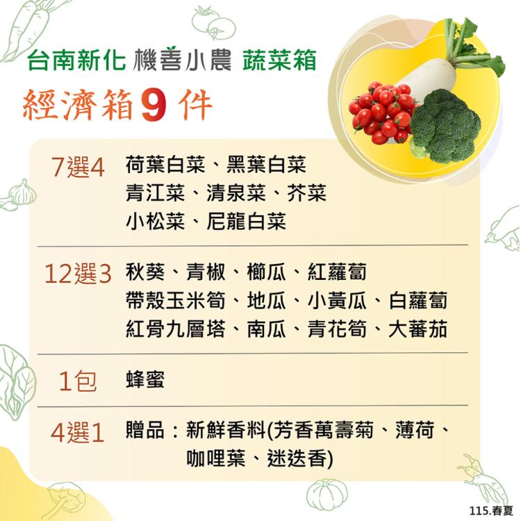 【機善小農_蔬菜箱】台南市新化青農_經濟箱9件(每週出箱/有機友善/產地鮮採直送/支持家鄉好農產)