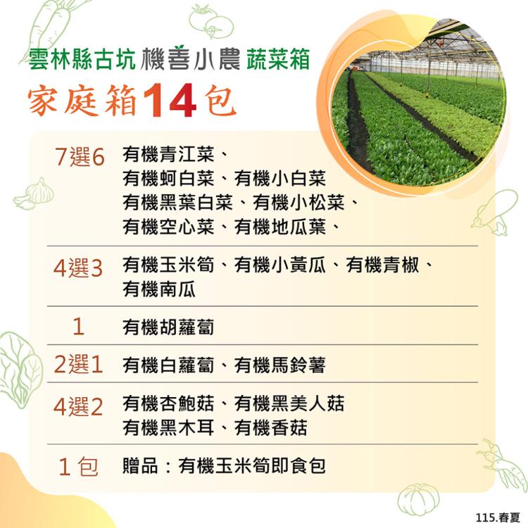 【機善小農_蔬菜箱】雲林縣古坑_家庭箱_14包(每週出箱/有機友善/產地鮮採直送/支持家鄉好農產)