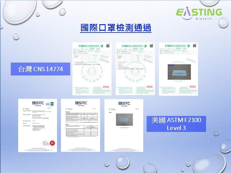 EÅSTING，國際口罩檢測通過，美國ASTM F2100。