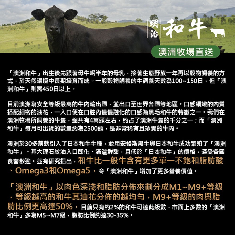 和牛-澳洲牧場直送，澳洲和牛出生後先跟著母牛喝半年的母乳,接著生態野放一年再以穀物飼養的方，式,於天然環境中長期培育而成。一般穀物飼養的牛詞養天數為100~150日,但澳，洲和牛則需450日以上。目前澳洲為安全等級最高的牛肉輸出國,並出口至世界各國等